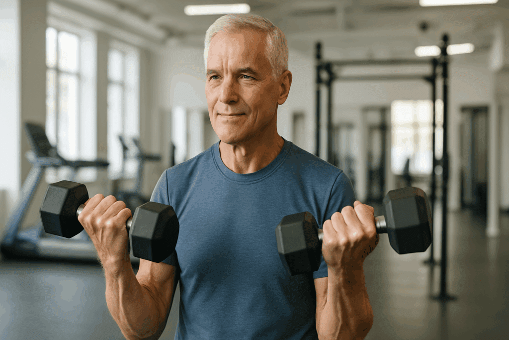 Older adult lifting dumbbells in a bright gym, showing vitality and strength, illustrating how can exercise reverse heart disease.