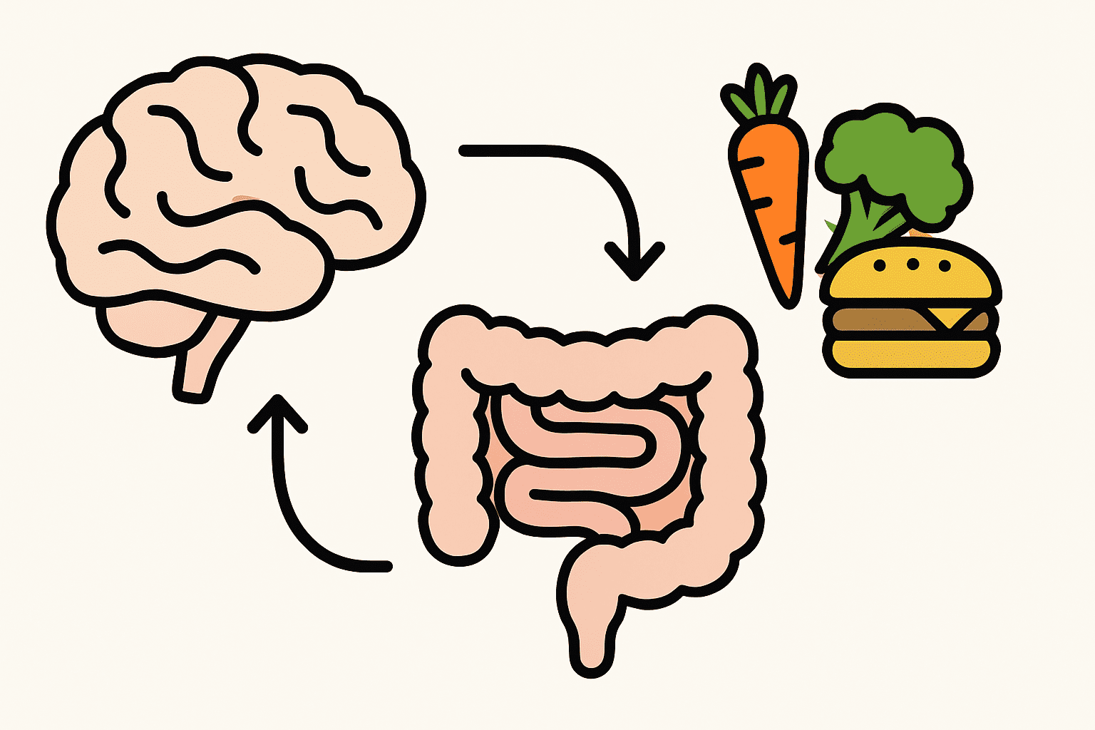Diagram of the gut-brain axis showing how vegetables and processed foods influence the brain and gut connection in Food-Induced Anxiety