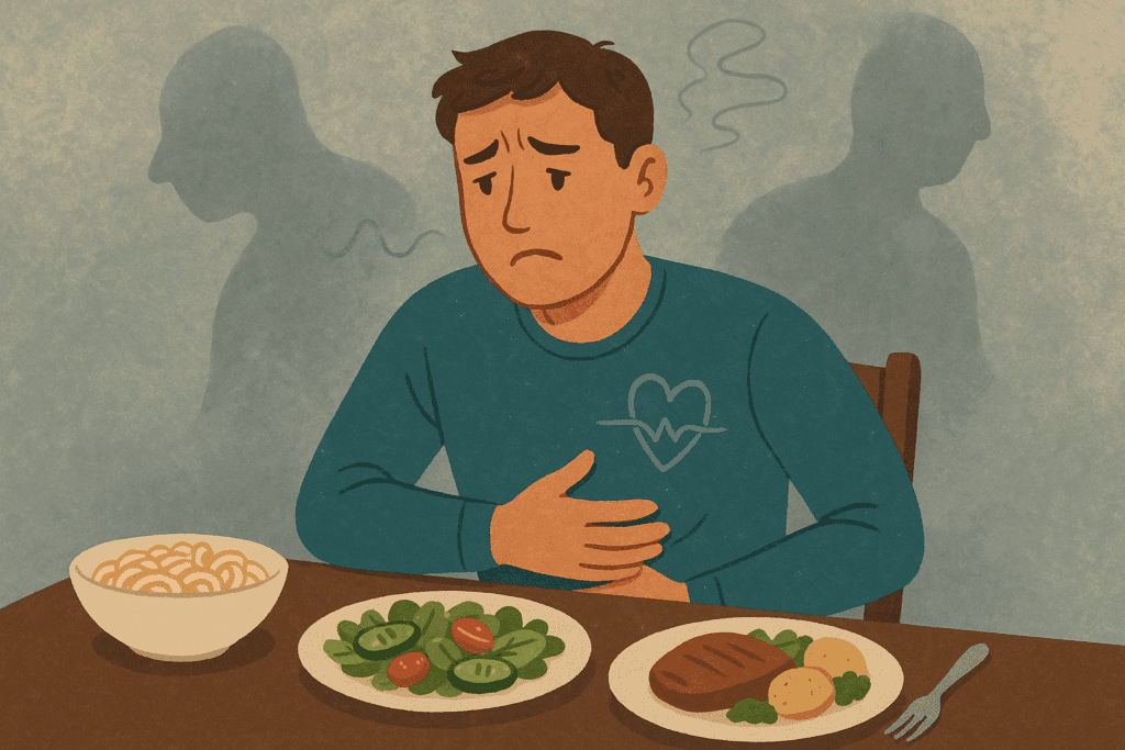 Worried man holding his stomach at a dining table with uneaten food, depicting symptoms of Food-Induced Anxiety