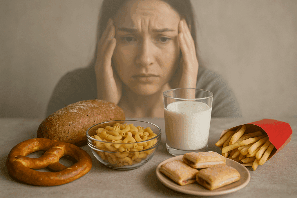 Distressed woman in background with hands on head behind table of gluten, dairy, and processed foods, symbolizing Food-Induced Anxiety