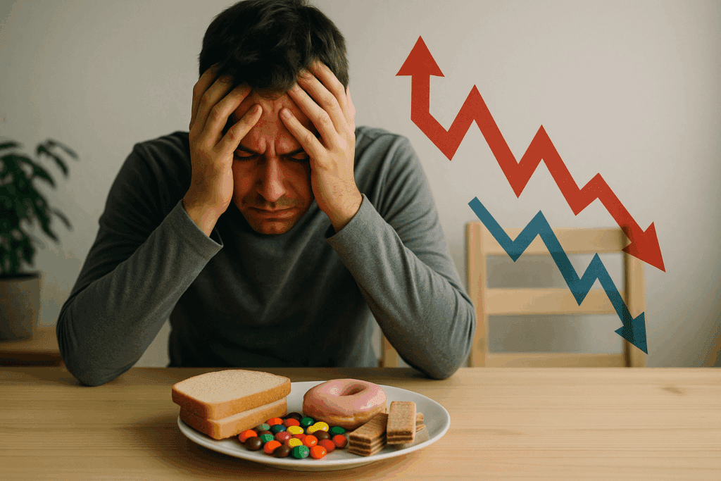 Man in distress at dining table with white bread, candy, and a donut, symbolizing Food-Induced Anxiety from blood sugar spikes and crashes.