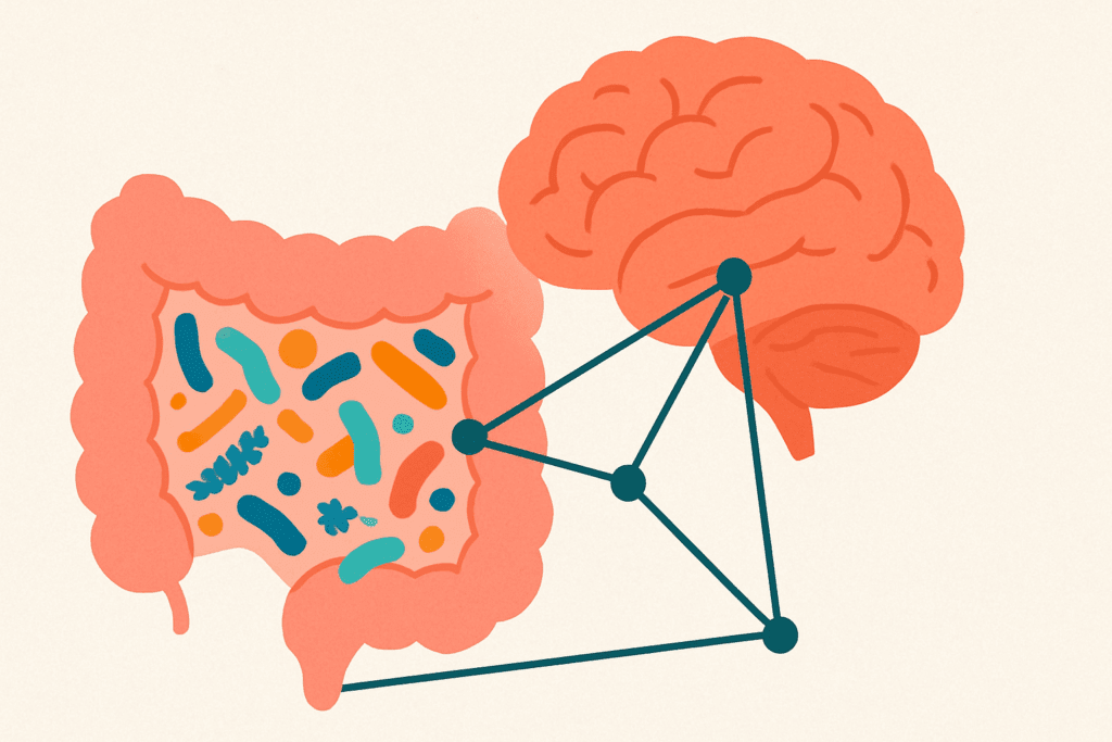 Abstract illustration of the gut microbiome with colorful bacteria in the intestines connected to the brain, symbolizing the gut-brain axis and its link to Food-Induced Anxiety.