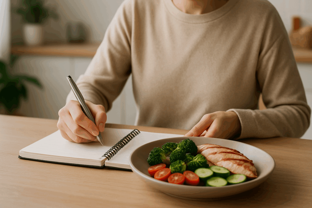 Person journaling at a kitchen table with a healthy meal, practicing mindfulness to manage Food-Induced Anxiety.