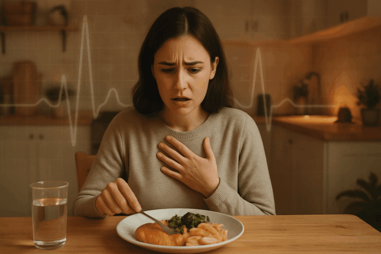 Woman with hand on chest looking distressed during meal in a calm kitchen setting, illustrating Food-Induced Anxiety.