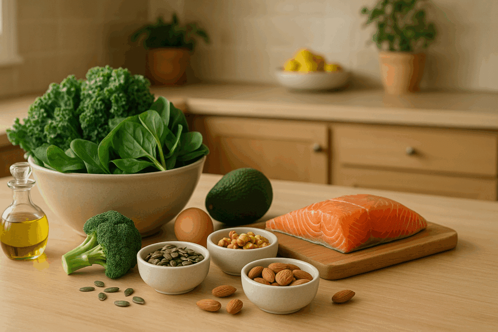 Whole, unprocessed foods like leafy greens, salmon, nuts, and seeds on a kitchen counter, supporting a diet to ease Food-Induced Anxiety.