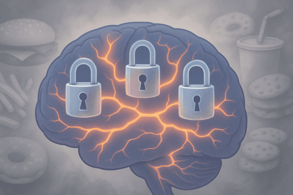 Conceptual illustration symbolizing how Can Naltrexone or Wellbutrin Help with Binge Eating by showing opioid receptors locked over dopamine pathways in the brain with fading junk food in the background