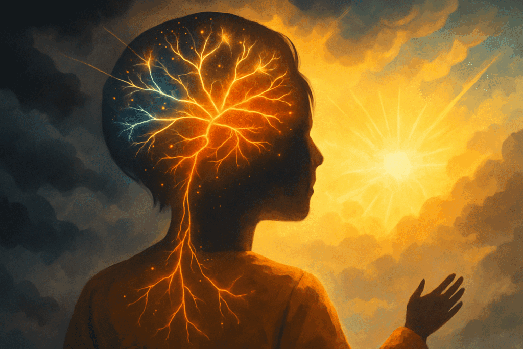 Person emerging from dark emotional clouds into golden light, with glowing brain pathways—illustrating how Can Naltrexone or Wellbutrin Help with Binge Eating.