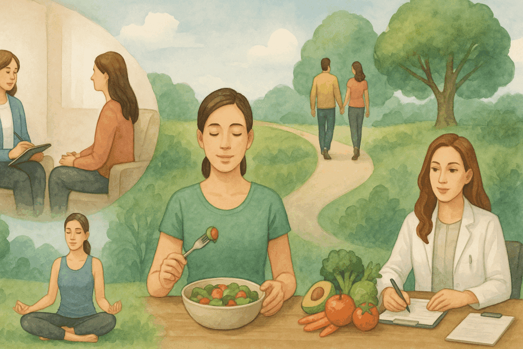 Holistic recovery scene showing therapy, mindful eating, yoga, nature walks, and a nutritionist consult—illustrating how Can Naltrexone or Wellbutrin Help with Binge Eating fits into integrated treatment.