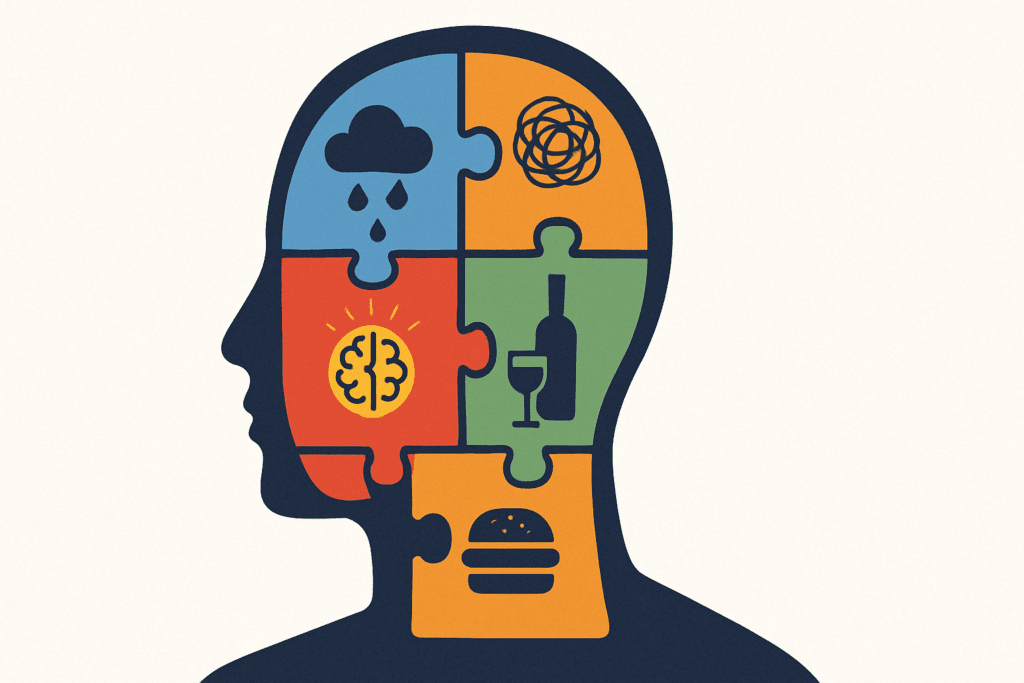 Silhouette of a human head filled with colorful puzzle pieces symbolizing mental health conditions, illustrating the question: Can Naltrexone or Wellbutrin Help with Binge Eating.