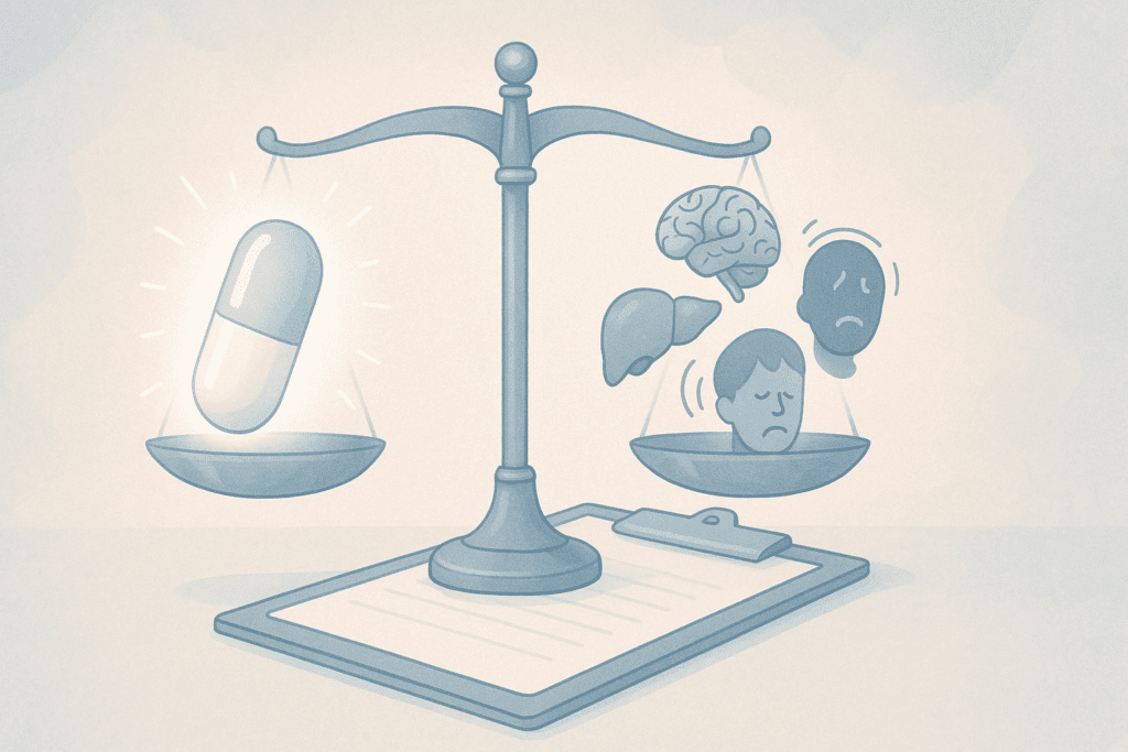 Balanced scale showing a glowing pill versus side effects like seizures, fatigue, and liver issues, symbolizing medical monitoring for “Can Naltrexone or Wellbutrin Help with Binge Eating”