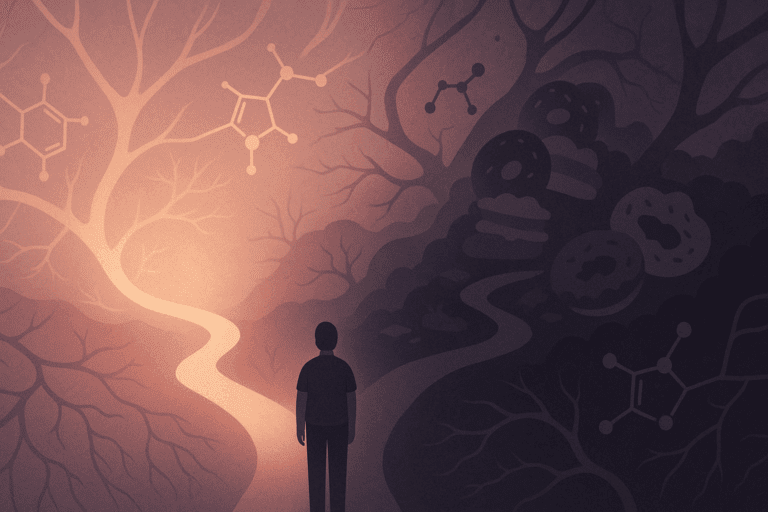 Conceptual illustration depicting a person at a neural crossroads, symbolizing the emotional conflict in binge eating disorder, with paths representing recovery and relapse—exploring the question: Can Naltrexone or Wellbutrin Help with Binge Eating