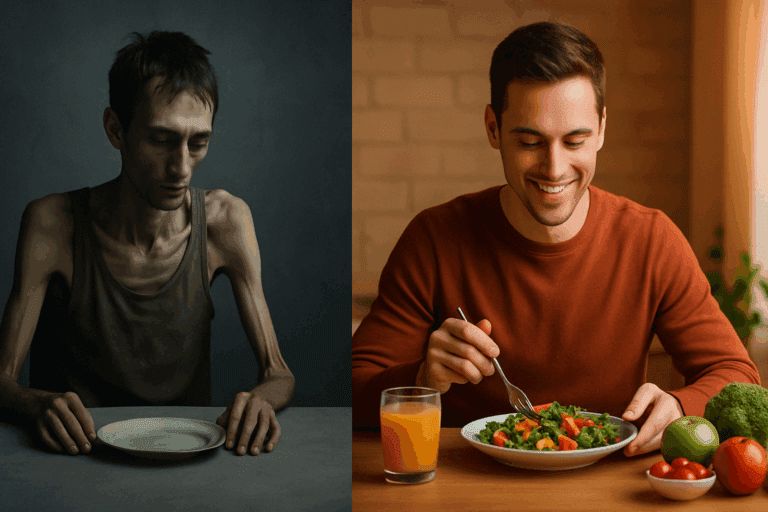 Visual contrast between starvation and health illustrating the question: Can Not Eating Make You Lose Weight