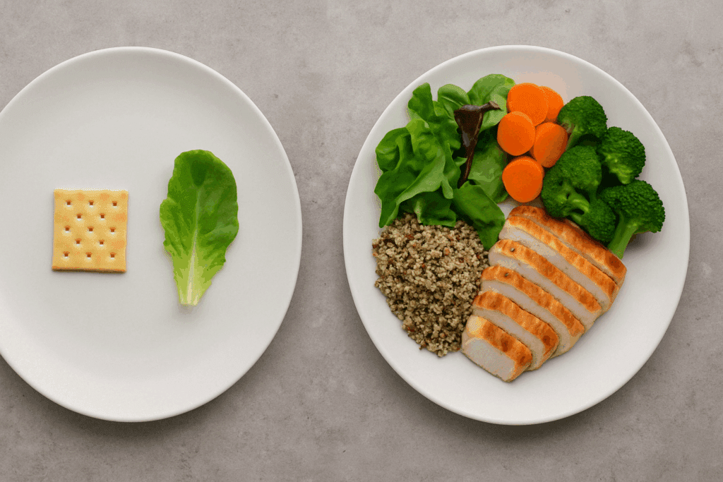 Side-by-side comparison of a nutrient-poor meal and a balanced plate illustrating the concept: Can Not Eating Make You Lose Weight