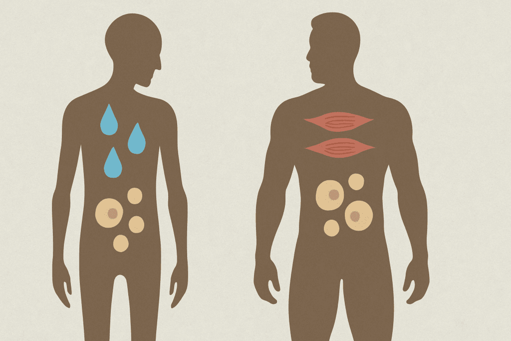Conceptual comparison of two human silhouettes showing how weight loss from not eating affects muscle, water, and fat—supporting the question: Can Not Eating Make You Lose Weight