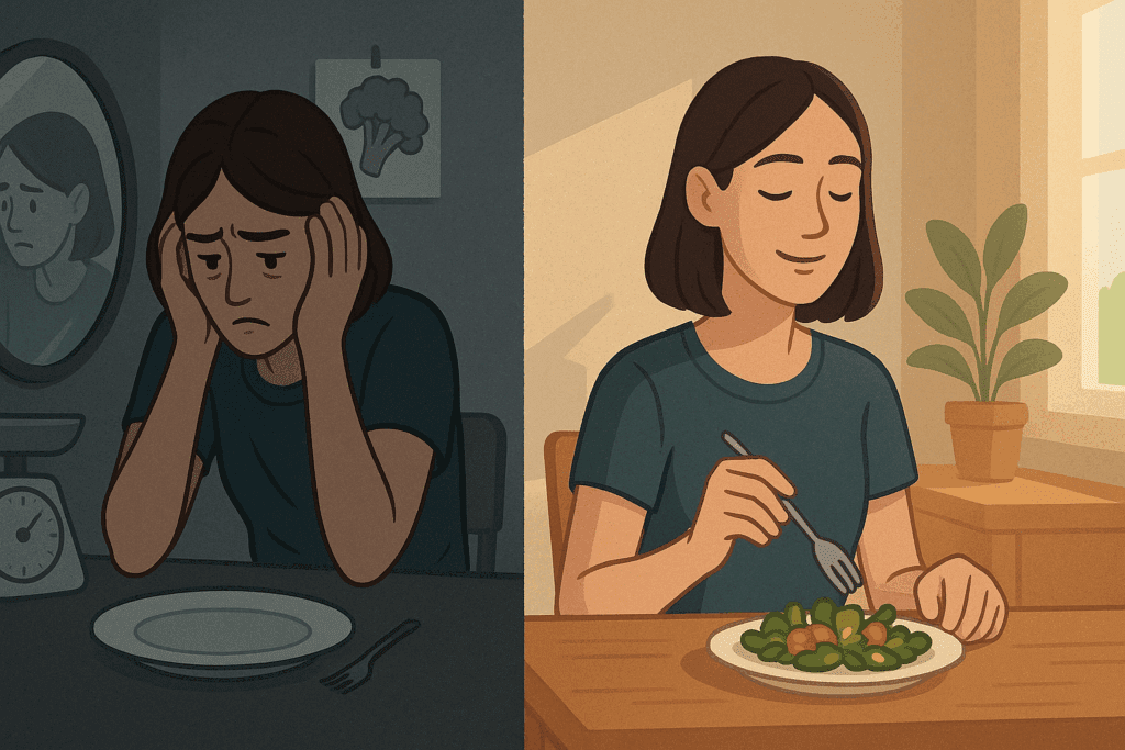 Split-scene of a woman showing emotional contrast to explore “Can Not Eating Make You Lose Weight” effects—distressed on one side, peacefully eating on the other.