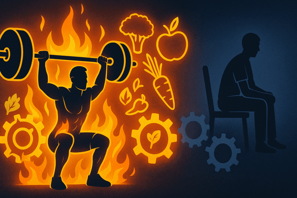 Metaphor showing active metabolism with person lifting weights surrounded by flames and gears, contrasting a sedentary figure, illustrating how muscle and diet affect weight loss—related to Can Not Eating Make You Lose Weight