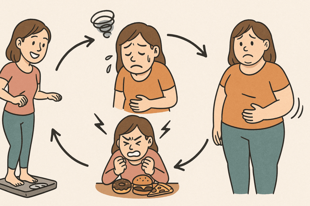 Cycle diagram illustrating emotional and physical effects of extreme dieting, answering the question: Can Not Eating Make You Lose Weight