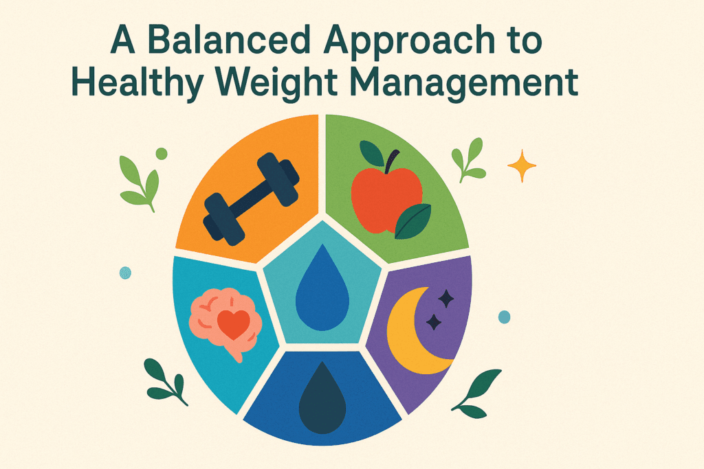 Colorful diagram showing holistic wellness elements—dumbbell, leafy food, water droplet, brain with heart, and moon—illustrating the concept behind 'Can Not Eating Make You Lose Weight