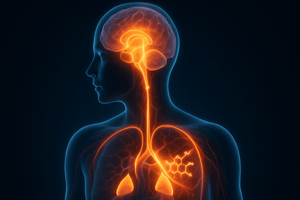 Artistic visualization of the HPA axis showing cortisol release in the brain and adrenal glands, illustrating how stress affects the body—relevant to the question: Can Stress Lead to Weight Gain