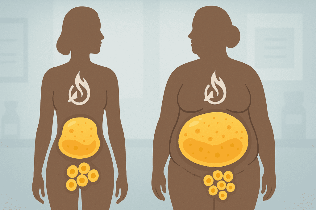 Visual comparison of two female body silhouettes showing fat distribution and metabolism differences to illustrate how cortisol imbalance answers the question: Can Stress Lead to Weight Gain