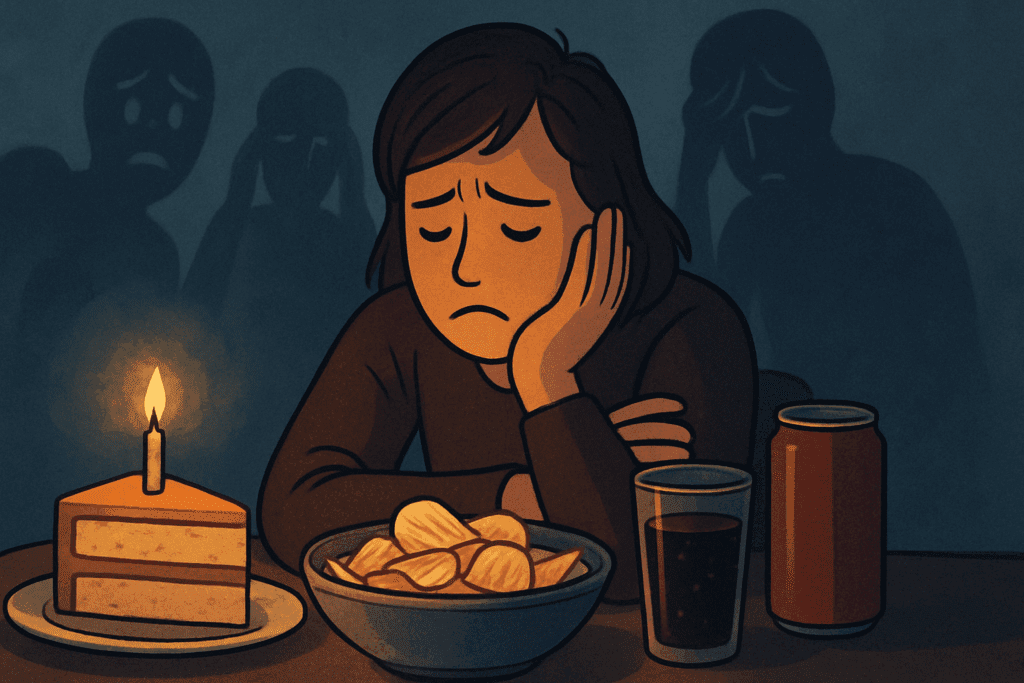 Person looking distressed at a table filled with cake, chips, and soda, symbolizing emotional eating—exploring Can Stress Lead to Weight Gain.