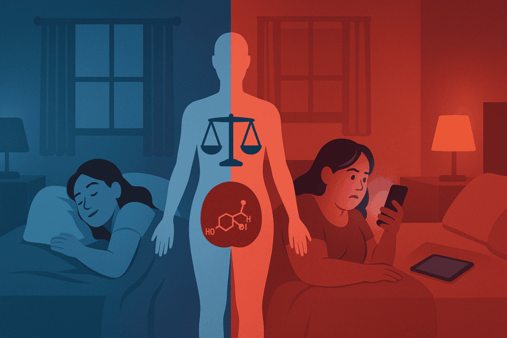 Split bedroom scene visualizing 'Can Stress Lead to Weight Gain': left side shows peaceful sleep with balanced metabolism, right side shows screen-induced stress and weight gain