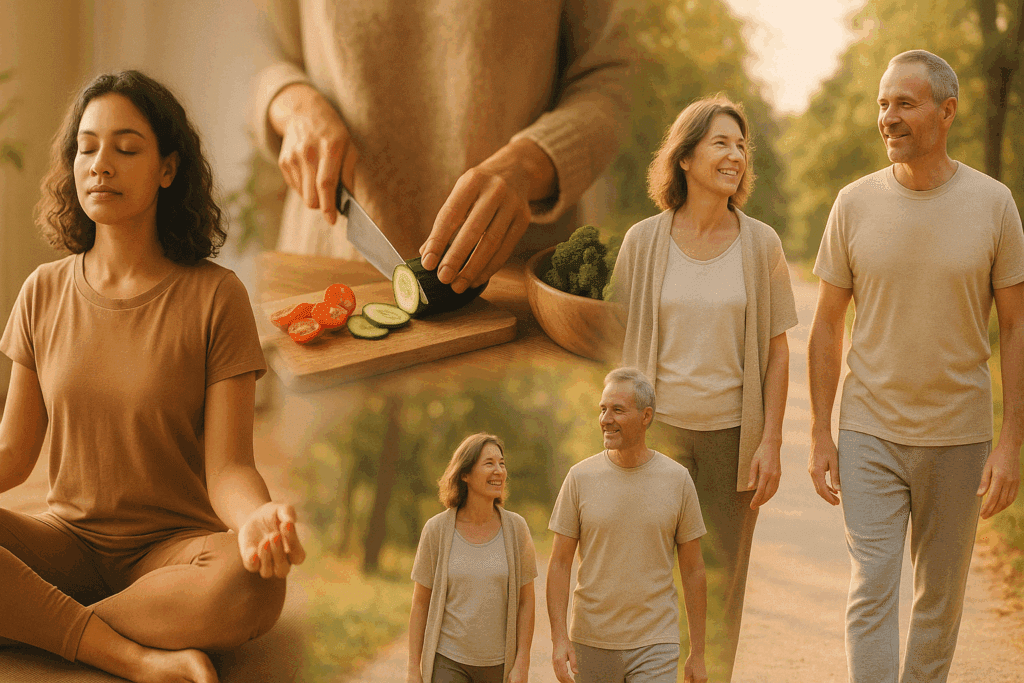 Collage illustrating answers to 'Can Stress Lead to Weight Gain' with scenes of meditation, healthy food prep, walking, and social connection