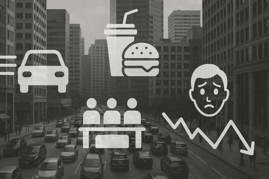 Urban cityscape overlaid with symbolic visuals of stressors—traffic congestion, fast food, office crowding, anxious expressions, and financial decline—highlighting how daily urban life illustrates the question: Can Stress Lead to Weight Gain.
