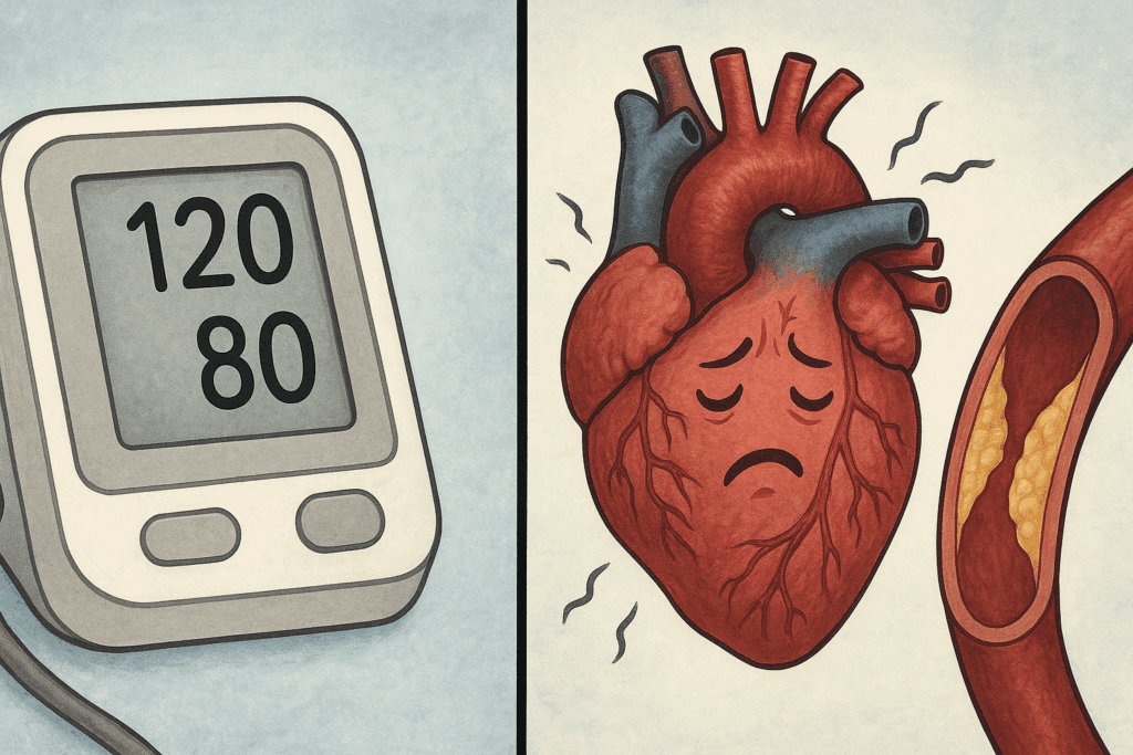 Split-screen showing normal 120/80 blood pressure monitor and diseased heart to illustrate can you have heart problems with good blood pressure