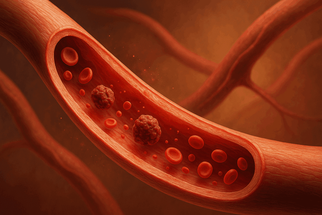 Cross-section of inflamed blood vessels showing clots and oxidative stress, illustrating how you can have heart problems with good blood pressure.