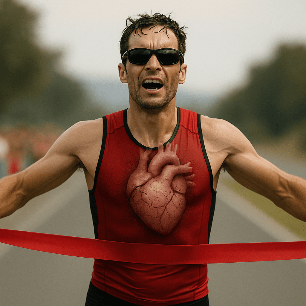 Endurance athlete crossing a finish line with a translucent heart showing damage, symbolizing how can you have heart problems with good blood pressure.
