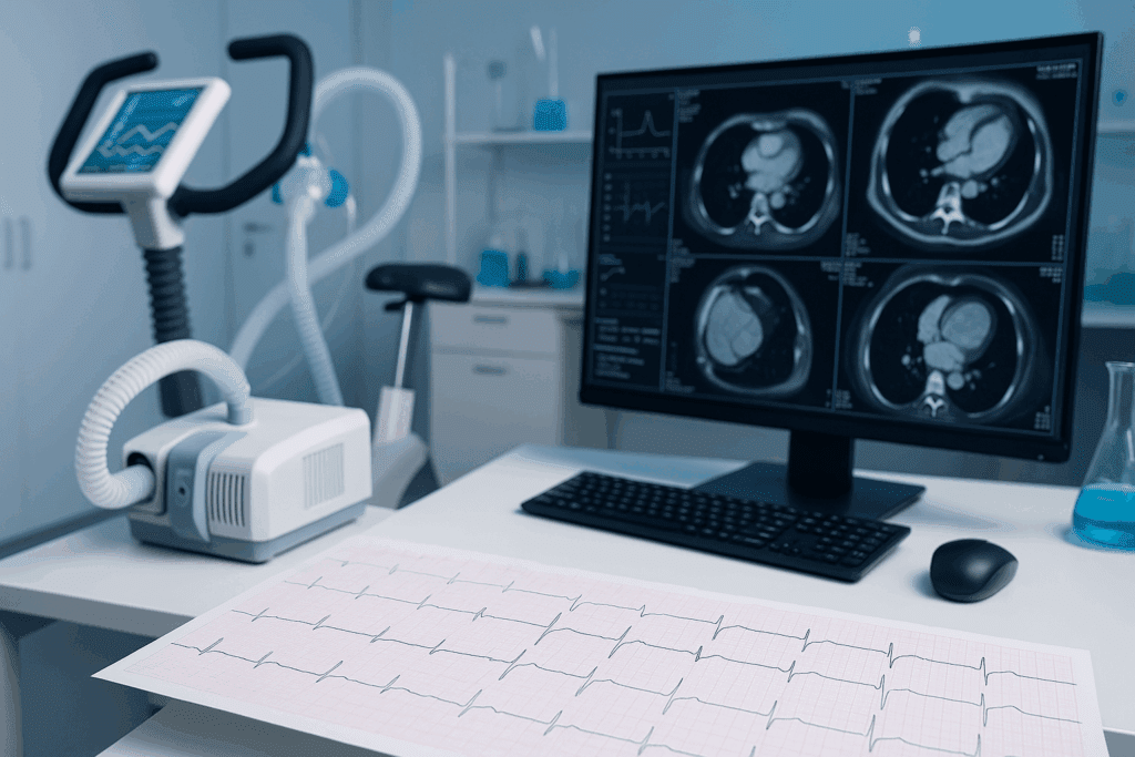 Modern medical lab with EKG, VO2 max test, and heart MRI showing how can you have heart problems with good blood pressure is evaluated.