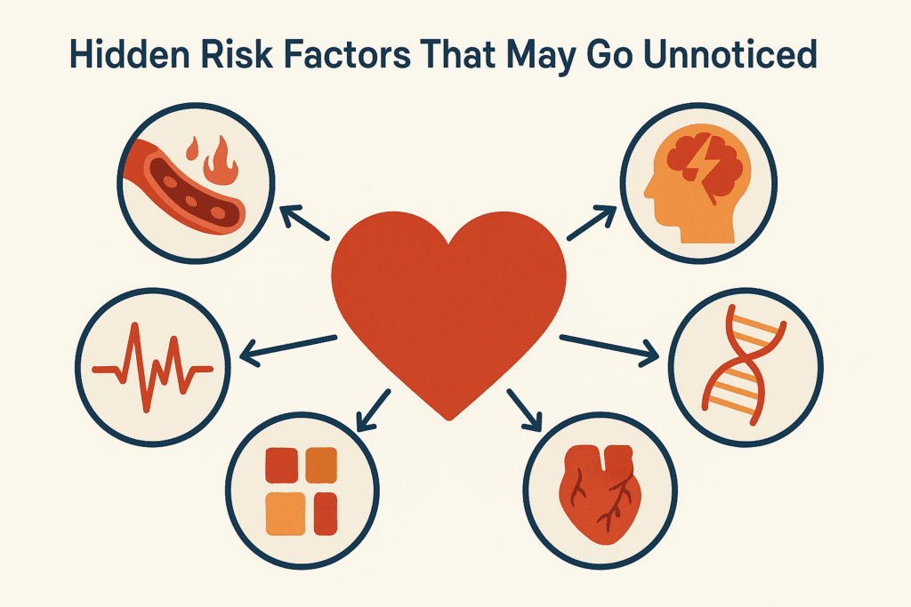 Infographic showing hidden cardiovascular risks like inflammation and genetics, answering can you have heart problems with good blood pressure