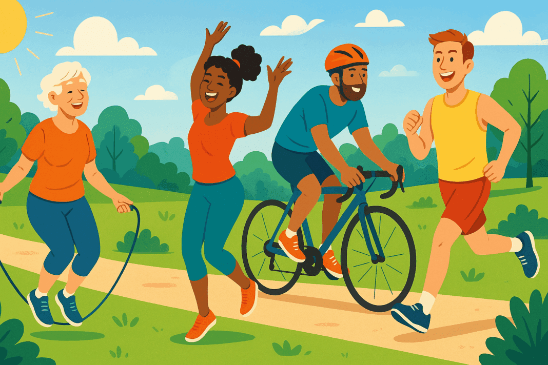 Group of diverse adults enjoying a cardio workout plan outdoors, including running, dancing, cycling, and jump rope in a sunny park.