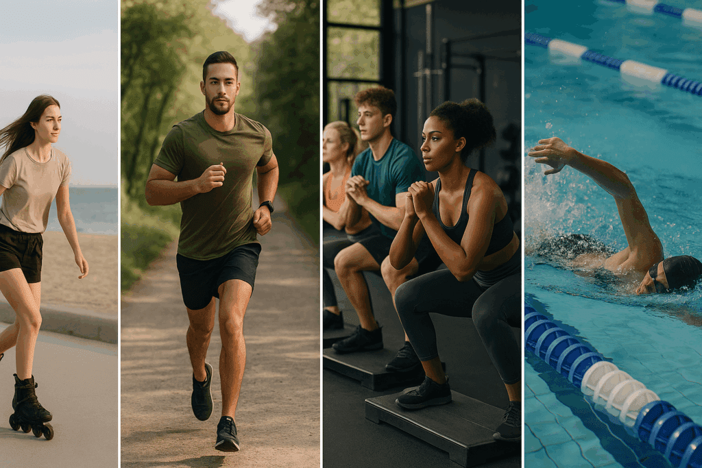 Cardio Made Fun: Expert-Approved Cardio Workout Plan to Boost Endurance, Burn Fat, and Keep You Motivated 2 Four-panel collage showcasing a diverse cardio workout plan: rollerblading by the beach, trail running, group circuit training, and outdoor swimming.