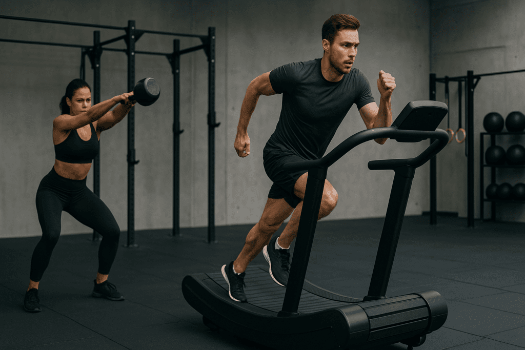 Cardio Made Fun: Expert-Approved Cardio Workout Plan to Boost Endurance, Burn Fat, and Keep You Motivated 3 Man sprinting on a treadmill and woman performing kettlebell swings in a gym as part of a high-intensity cardio workout plan