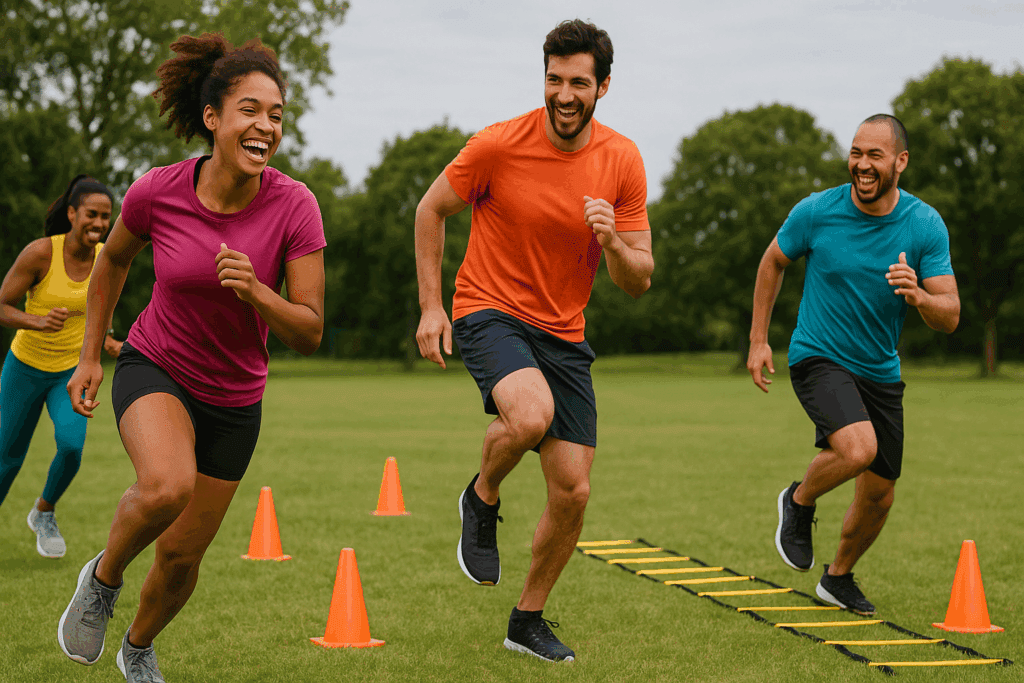 Cardio Made Fun: Expert-Approved Cardio Workout Plan to Boost Endurance, Burn Fat, and Keep You Motivated 4 Group of diverse adults doing cone sprints and ladder drills outdoors as part of a fun cardio workout plan