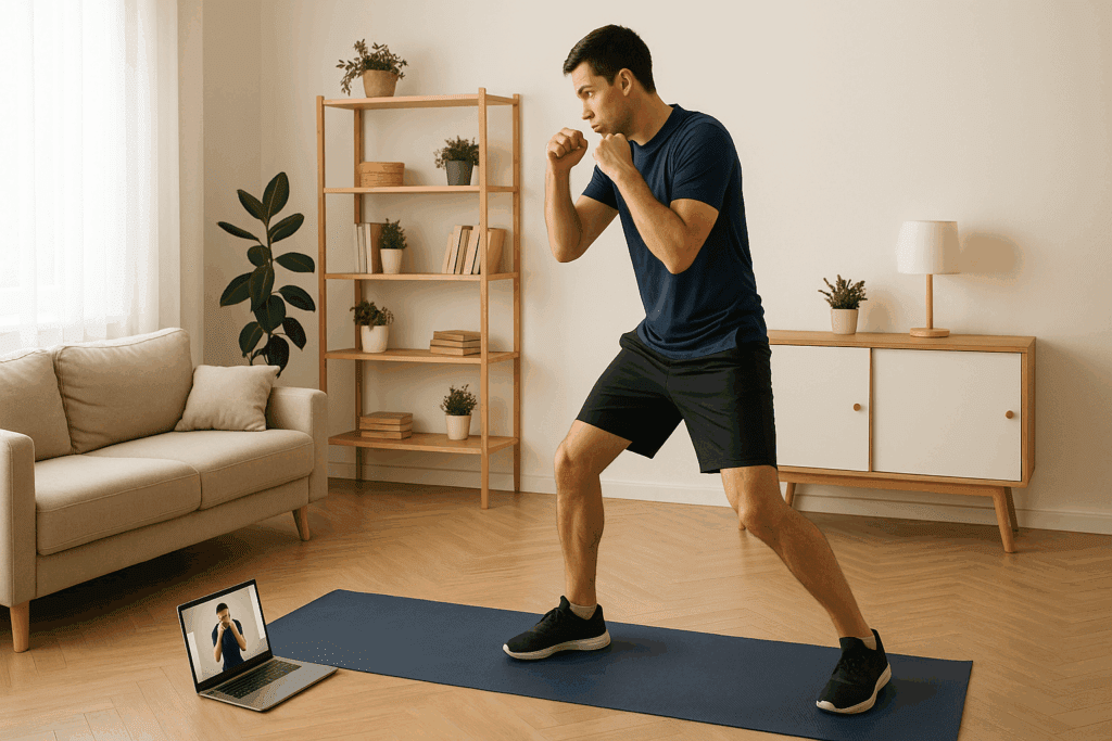 Cardio Made Fun: Expert-Approved Cardio Workout Plan to Boost Endurance, Burn Fat, and Keep You Motivated 6 Man following a cardio workout plan by shadowboxing in a bright living room with a laptop showing a virtual trainer.