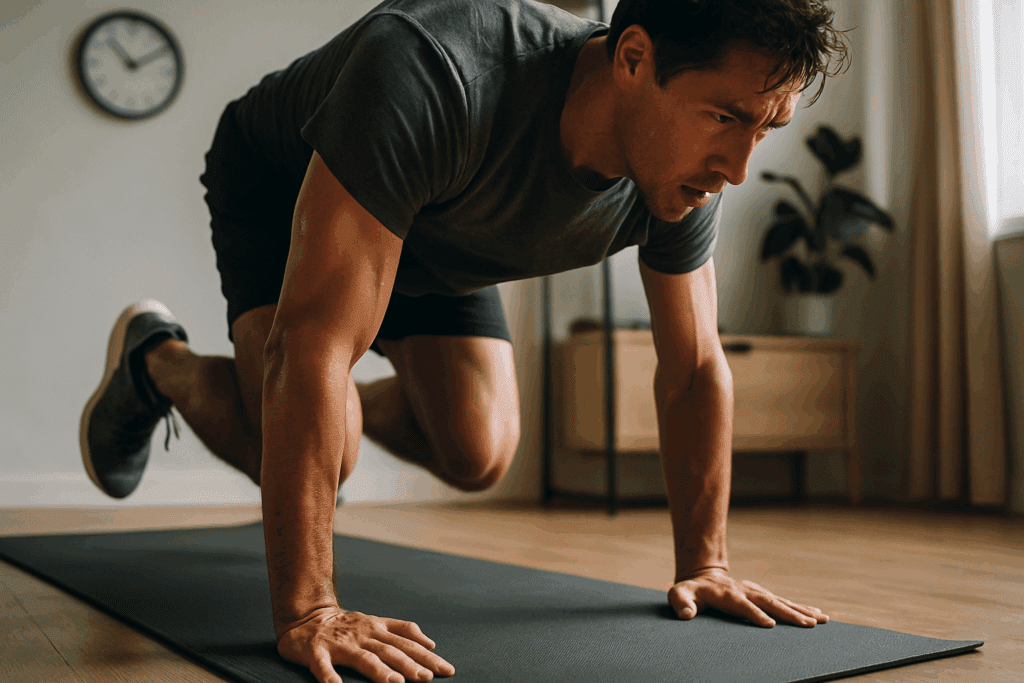 Cardio Made Fun: Expert-Approved Cardio Workout Plan to Boost Endurance, Burn Fat, and Keep You Motivated 7 Man doing a burpee on a yoga mat in a small home gym as part of an intense cardio workout plan