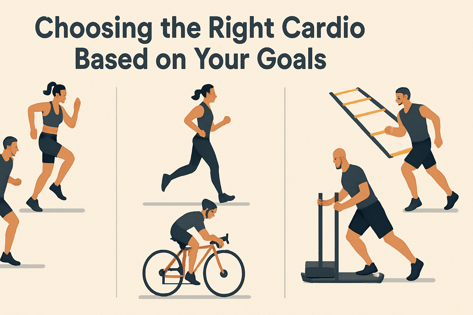 Cardio Made Fun: Expert-Approved Cardio Workout Plan to Boost Endurance, Burn Fat, and Keep You Motivated 5 Diagram showing three cardio workout plan types: fat loss with sprints, endurance with running and cycling, and functional fitness with agility and sled exercises