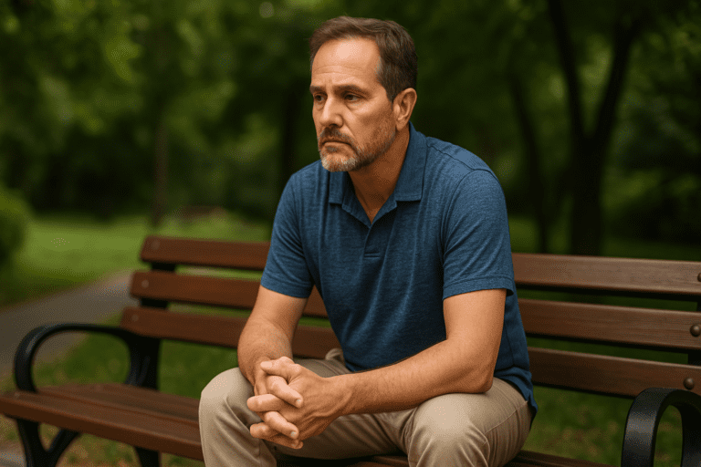 A middle-aged man with a graying beard sits pensively on a park bench surrounded by vibrant greenery, bathed in soft morning light. His contemplative posture evokes the emotional depth of seeking a type 2 diabetes natural treatment through mindful, lifestyle-centered change.