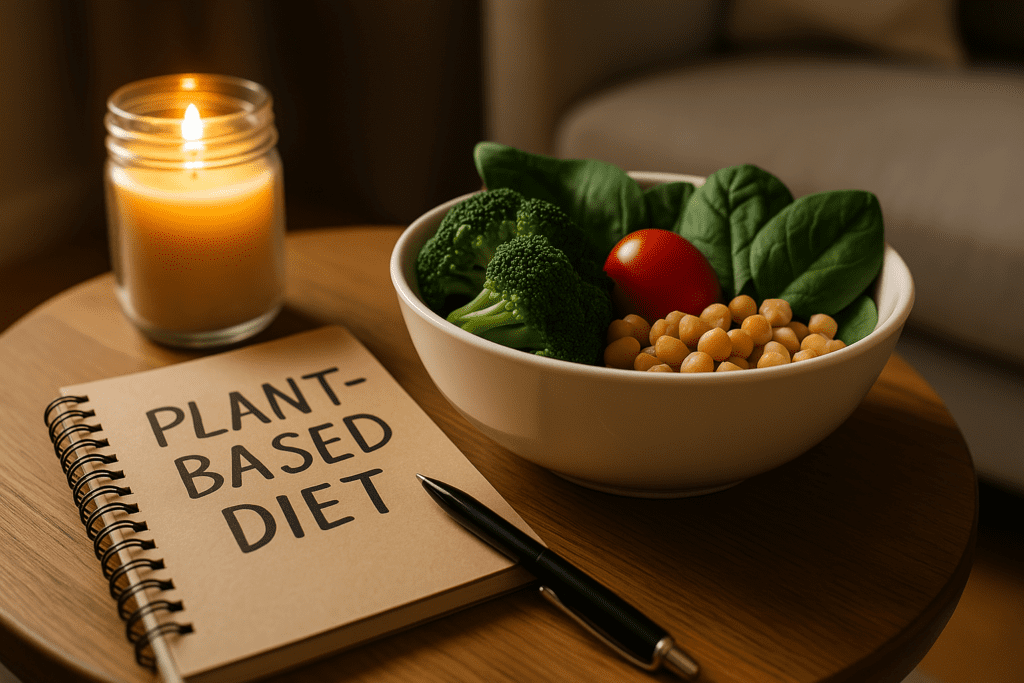 A photograph captures a still life scene centered around a handwritten journal labeled “PLANT-BASED DIET,” set next to a bowl of fresh vegetables and a gently glowing candle. The warm indoor lighting and minimalistic setting visually symbolize home medicine for diabetes and the personal commitment to natural remedies for type 2 diabetes.