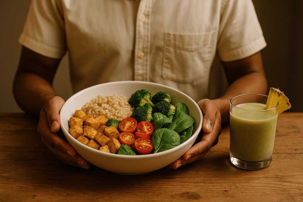 A wholesome, whole-food plant-based meal is presented in a white ceramic bowl held by two hands, with tofu, spinach, tomatoes, and broccoli arranged beautifully alongside a green smoothie. The soft ambient lighting and wooden table emphasize the tactile, nourishing experience of using food for blood sugar control naturally.