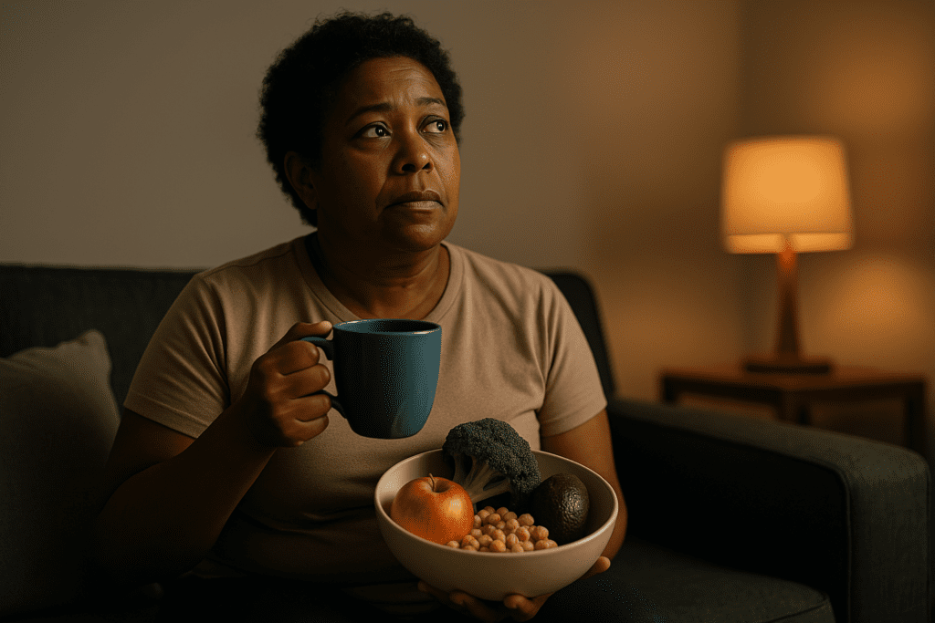 A middle-aged African American woman sits in quiet reflection on a dark sofa in a dimly lit living room, gently holding a warm drink. The thoughtful setting, accented by a bowl of produce and subtle warm lighting, suggests emotional resilience and commitment to a type 2 diabetes natural treatment rooted in lifestyle and nutrition.