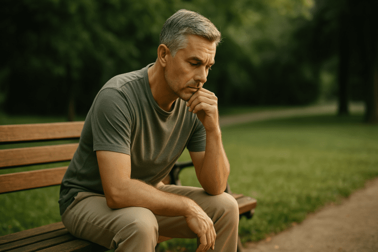 A middle-aged man with salt-and-pepper hair sits alone on a wooden park bench in soft afternoon light, surrounded by lush greenery and a quiet walking path. His contemplative expression and relaxed posture visually underscore the theme of reversing atherosclerosis with diet and lifestyle change, reflecting a personal journey toward long-term heart health.
