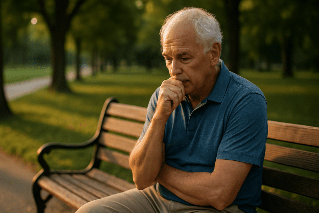 An elderly man in his late 60s sits reflectively on a bench in a sun-drenched park, his expression pensive as he gazes downward. The warm golden light, calm surroundings, and solitary mood evoke the psychological depth behind adopting a reversing atherosclerosis diet for sustained cardiovascular healing.