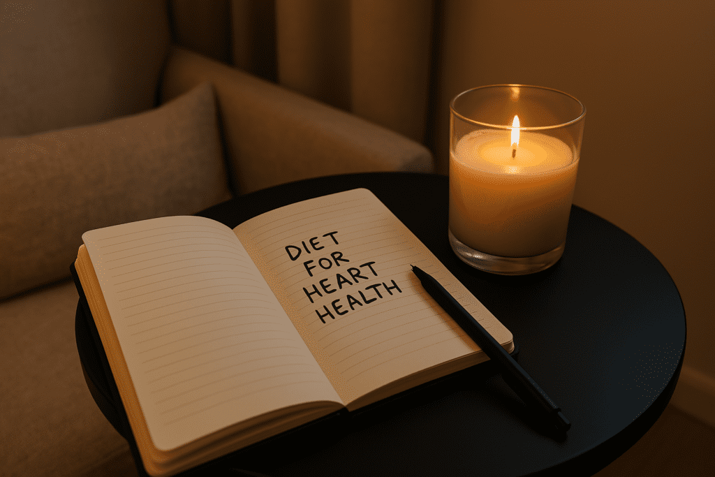 A dimly lit room features a glowing candle next to an open notebook labeled “DIET FOR HEART HEALTH,” resting on a simple black side table. The soft ambient lighting and minimal decor emphasize focused commitment to a heart-supportive lifestyle, symbolizing the intentional planning behind a successful atherosclerosis diet.
