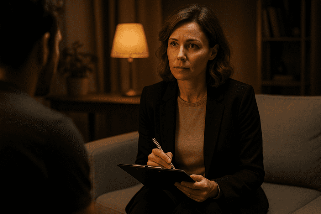 A professional woman in her late 30s, seated in a warmly lit living room, attentively listens during a counseling session while holding a clipboard. Her posture and facial expression convey empathy and support, reinforcing the emotional and behavioral dimensions of embracing a reversing atherosclerosis diet for long-term wellness.