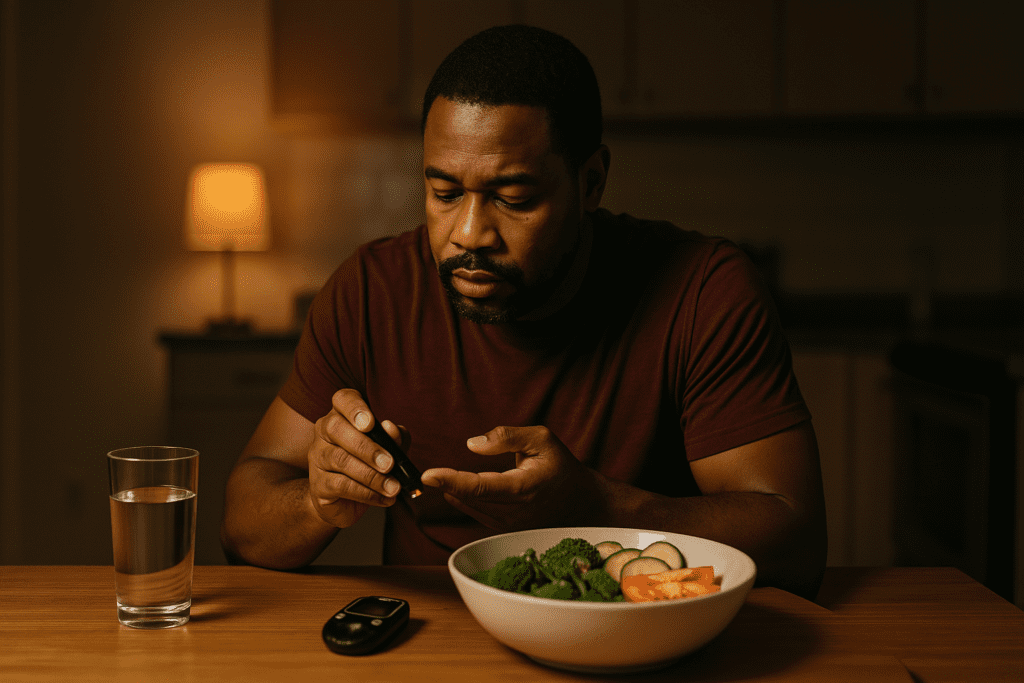 A middle-aged African American man in a dimly lit kitchen checks his blood glucose meter under the warm glow of a table lamp, with a fresh salad and glass of water in front of him. The nighttime setting and his focused expression emphasize the quiet resolve and discipline required in managing diabetes with a whole-food, plant-based lifestyle