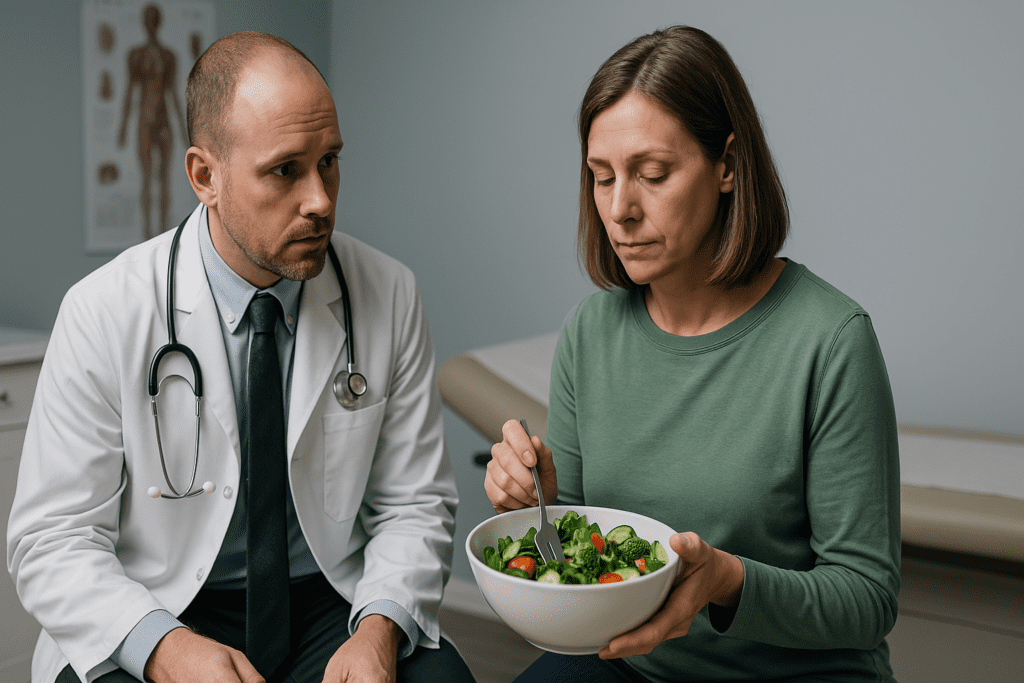 A patient consults with a doctor in a clinical exam room lit by cool fluorescent lighting, holding a colorful salad bowl as they discuss dietary strategies for diabetes reversal. The doctor's white coat and attentive posture, combined with the patient's focused demeanor, clearly reinforce the scientific and medical support for plant-based approaches to managing diabetes